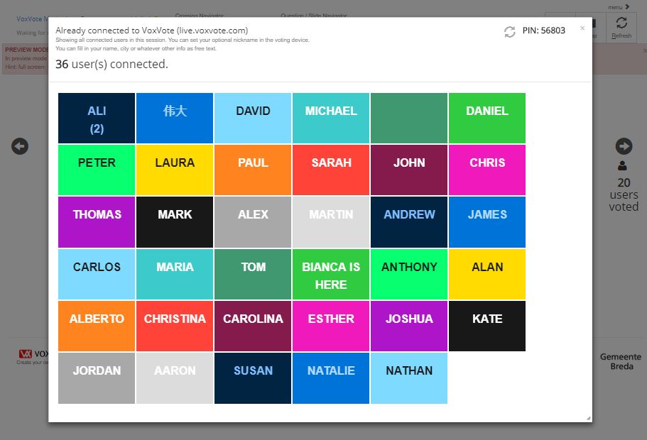VoxVote nickname screen - connected users