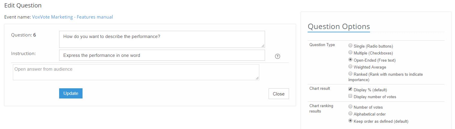 VoxVote Open Ended text question - designer view
