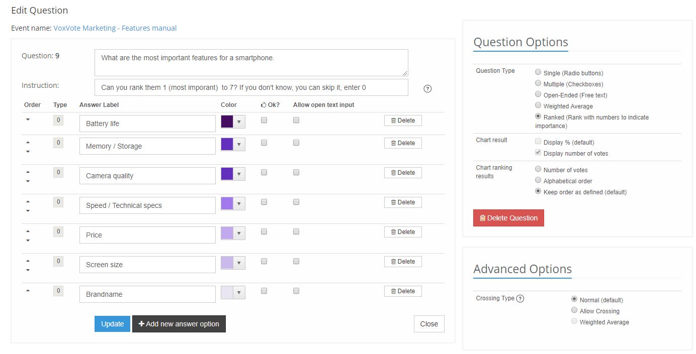 VoxVote ranked question - designer view